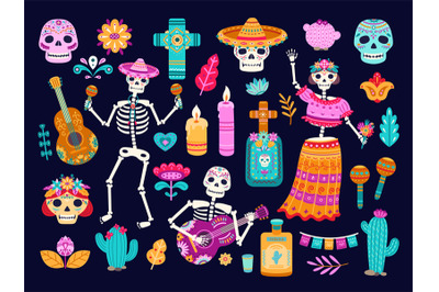 Day of dead. Mexican decorations, cute skull skeletons flowers. Cartoo