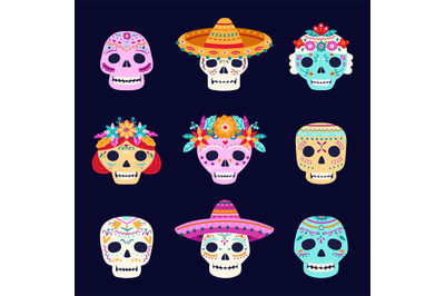 Dead day skulls. Mexican skeleton, skull wearing sombrero latinas hat.