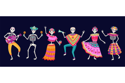 Dancing skeletons. Dead day party, sugar skull or halloween holiday. T