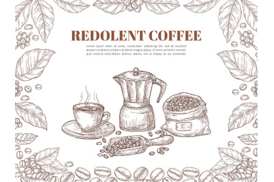 Sketch coffee banner. Bean leaf ornament, retro plants and branch post