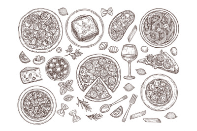 Pizza and pasta. Italian food, doodle variety dishes tomato wine. Hand