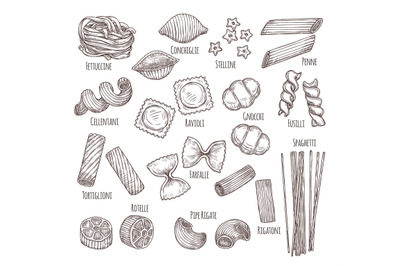 Sketch pasta. Hand drawn italian menu, authentic restaurant food types