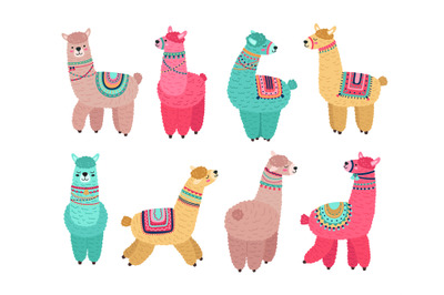 Cute llama. Funny alpaca, cute llamas mexican wildlife characters. Cre