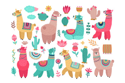 Llama with cactus. Cute alpaca, baby llamas flower and art floral obje