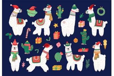 Christmas alpaca. Funny winter llama, holiday cute exotic animals. Sca