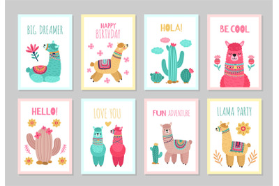 Llama cards. Beautiful invitations, alpaca flower colorful birthday in