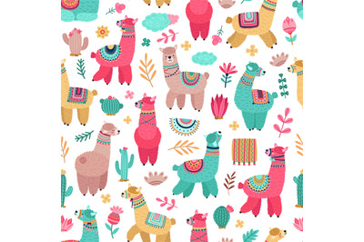 Llama pattern. Drawing animals, cartoon llamas cactus seamless texture