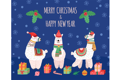 Llama christmas background. Doodles llamas, wild baby animals holiday