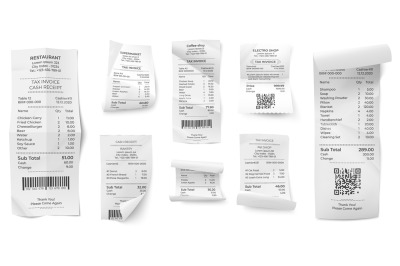 Receipts bill. Atm paper prints, paying ticket shop or store purchase