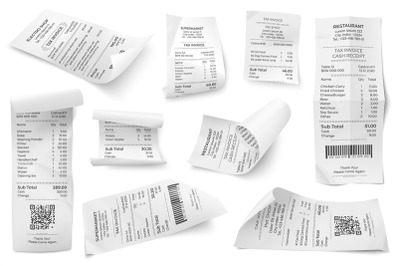 Retail bills. Supermarket print bill, isolated restaurant check atm fi