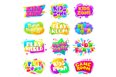 Kids zone labels. Fun kid game logo, sports party gaming sign. Play ro