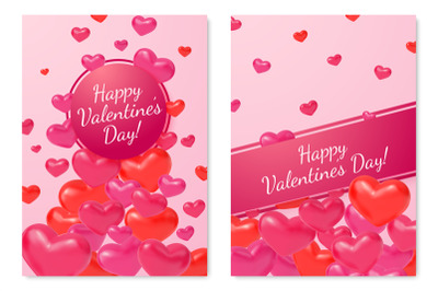 3d hearts cards. Valentine day, love realistic banners. Flying pink re