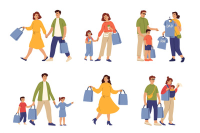 Family shopping. Woman food bag, couple running to shop. Mom carry bag