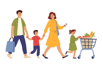 Family on shopping. Grocery store, woman man in supermarket with cart.