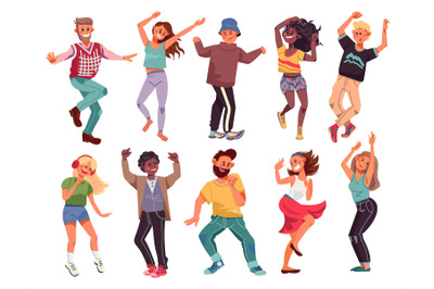 Dancing people. Happy cartoon teens, young modern person dance. Fun mu