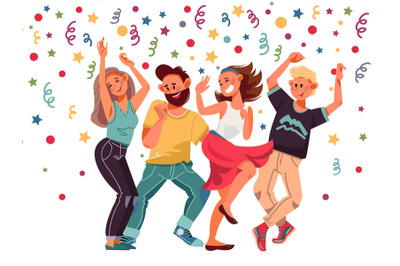 People on party. Cartoon female, excitement dance laughing characters.