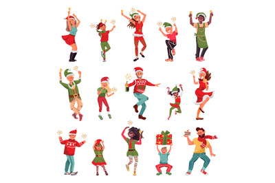 Christmas party characters. Happy woman, dancing holiday people in xma