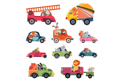 Animal car drivers. Cartoon kids vehicle, funny animals transportation