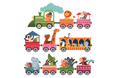 Cute animals train. Playful children zoo, trains with cute cartoon gir