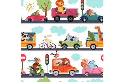 Animal transport pattern. Transportation, funny city zoo traffic. Kids