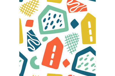 Doodle geometric background. Hand drawn buildings, colorful houses and