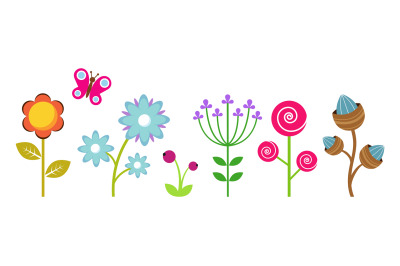 Flat flowers border. Colorful abstract floral elements, decorative chi