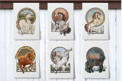 Posters SET Beautiful Horses Art-Deco Style PNG