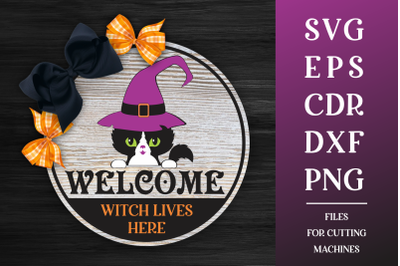 Halloween Round Sign SVG with Black Cat  Welcome