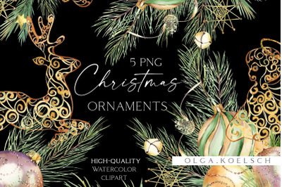 Gold Christmas ornaments clipart&2C; Watercolor Christmas elements