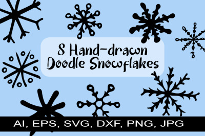 8 Hand-Drawn Black Doodle Snowflake Collection.