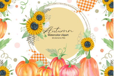 Watercolor pumpkin clipart. Fall harvest, autumn sunflower