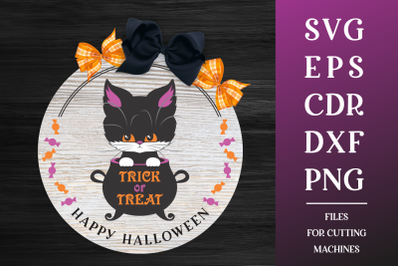 Trick or Treat Halloween Round Sign SVG with Black Cat