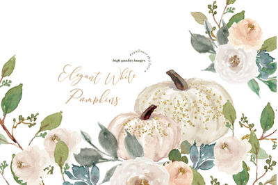 Ivory white Watercolor Pumpkin Clipart&2C; Greenery Autumn Floral Leaves