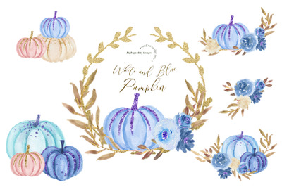 White and Blue Pumpkin clipart&2C; Blue Flowers Pumpkin illustration&2C;