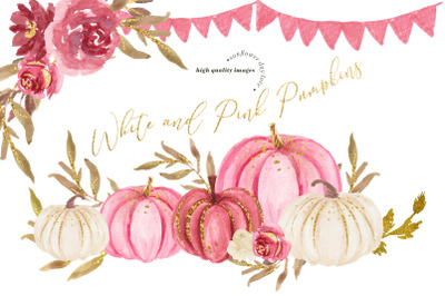 Pink and White Pumpkin Clipart&2C; Watercolor Fall Pumpkin&2C; Pink Flowers