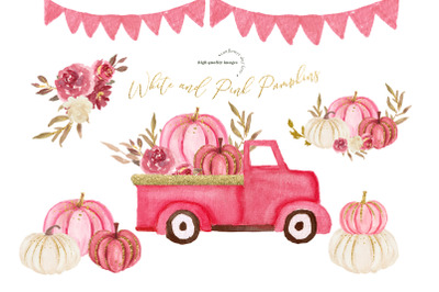 Pink and White Pumpkin Clipart&2C; Pink Pickup Truck Vintage