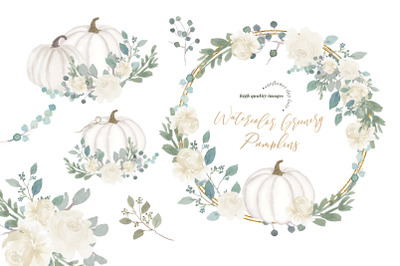 White flowers Pumpkin Clipart&2C; White Cream Pumpkin illustration