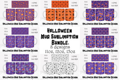 Halloween Mug Sublimation Bundle. Set of 8 PNG Mug wrap Designs. 11oz,