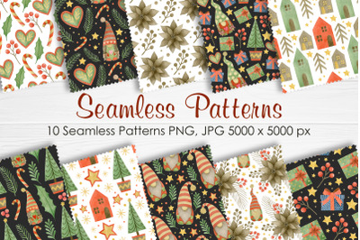 Watercolor Christmas gnomes Seamless Patterns