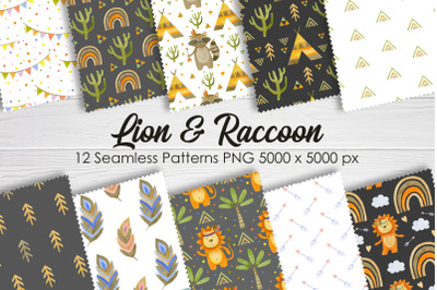 Watercolor Lion and Raccoon Seamless Patterns.