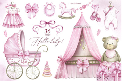 Baby girl shower Pink Nursery Cute animals Watercolor CLIPART