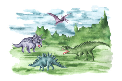 Dinosaurs watercolor illustration. Dino. Nature. Landscape.