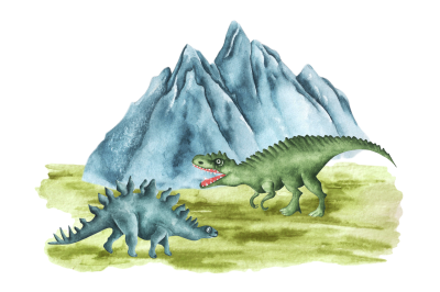 Dino boy watercolor illustration. Dinosaurs. Nature. Landscape.