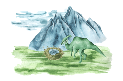Green dinosaur watercolor illustration. Dinosaur nest. Nature.