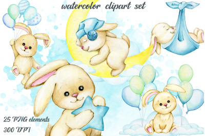 Cute bunny, watercolor animals, moon clouds, balloons, baby shower cli