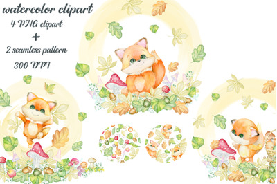 Cute, foxes, watercolors, animals, mushrooms, leaves. fall , posters,