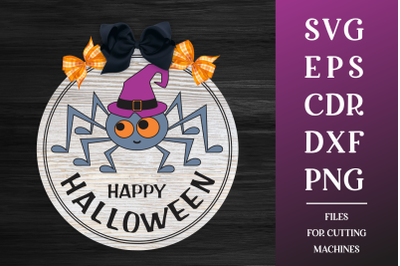 Happy Halloween Round Sign SVG with Spider