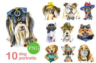 10 watercolor dog portraits. Set 16