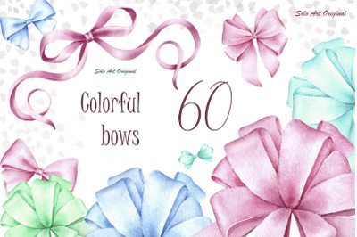 Multi-colored bows Clipart set Watercolor Individual Elements PNG