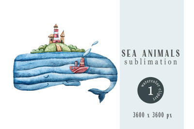 Watercolor nautical sperm whale sublimation- 1png file